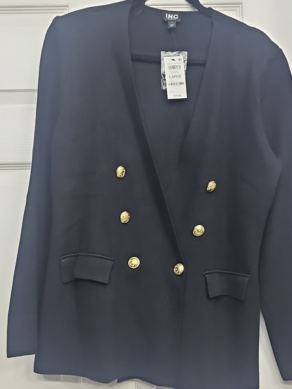 INC International Concepts Navy Double-Breasted Blazer with Gold Buttons